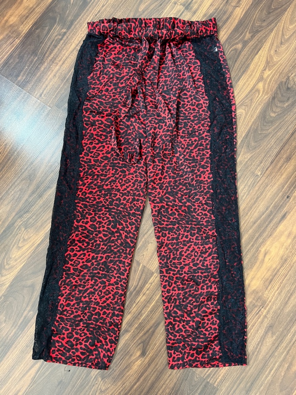 Red and Black Leopard Print Lounge Pants with Lace Side Panels